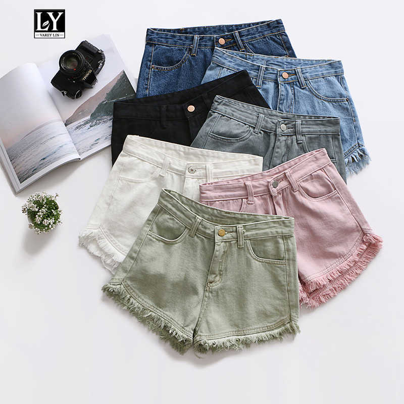 

LY VAREY LIN Denim Shorts Women Tassels High Waist Short Pants Casual Fashion 7 Colour Female Slim Black White 210526, Blue