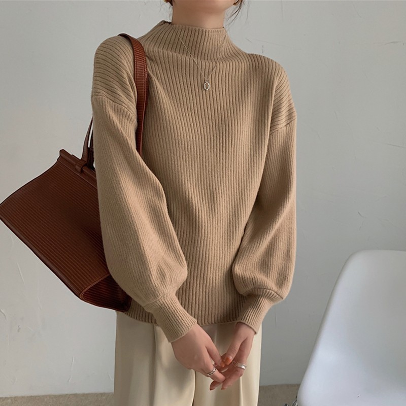 

Women's Sweaters Casual female knitted Pullovers Korean style half-turtleneck all-match wide sleeve W599 sweaters 5G6R, 1# shoe box