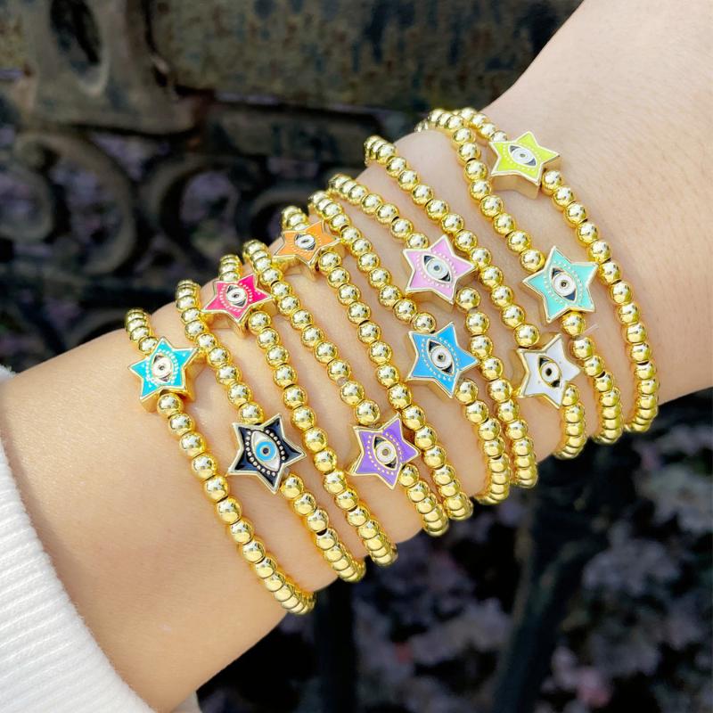 

Charm Bracelets FLOLA Copper Small Eyes Stars For Women Colorful Enamel Beaded Bracalet Accessories Brte74, Golden;silver