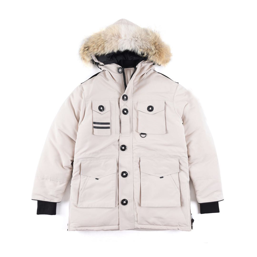 

Men Winter outdoor leisure sports Multi-pocket down jacket Women windproof parker long leather collar cap warm stylish classic adventure coat, Black