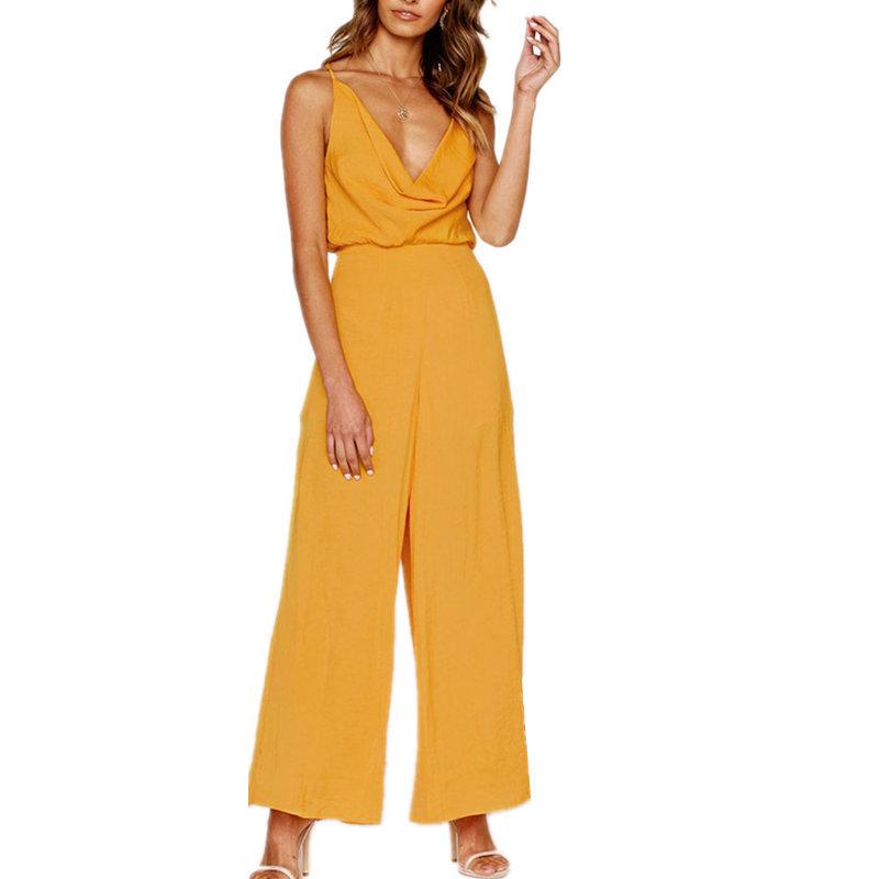 

Women' Jumpsuits & Rompers Women Mouthless Spaghetti Handcuffs V-neck Jumpsuit Casual Wipe Pipes Elegant Broek Backless Beach Yellow Gray O