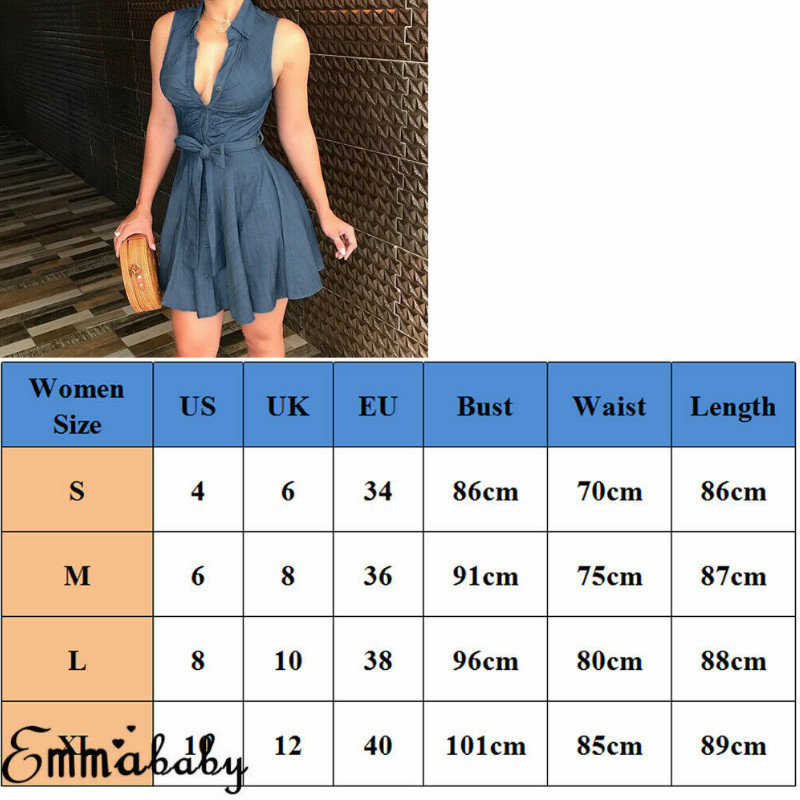 

Women' Button Denim Mini Dress Ladies Summer Sleeveless Belted Jeans Long Tops Shirt Dress Blue -XL
