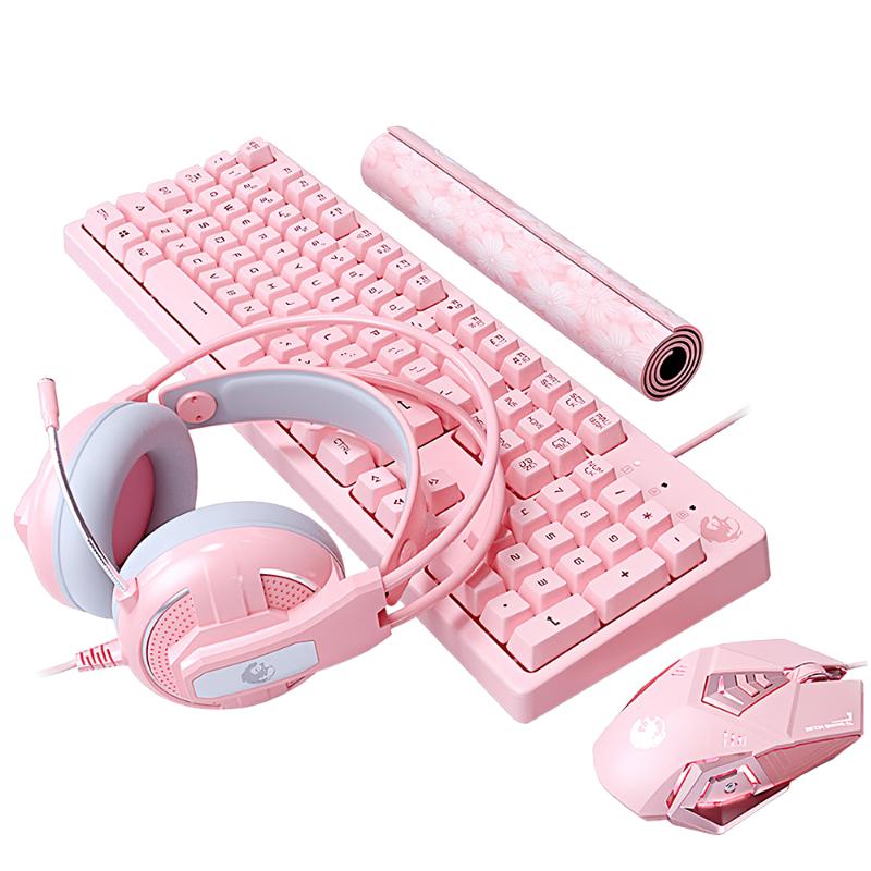

Keyboard Mouse Combos Set Gaming Mechanical Wired Headphone With Microphone Breathing Light For PC Computer Laptop Pink