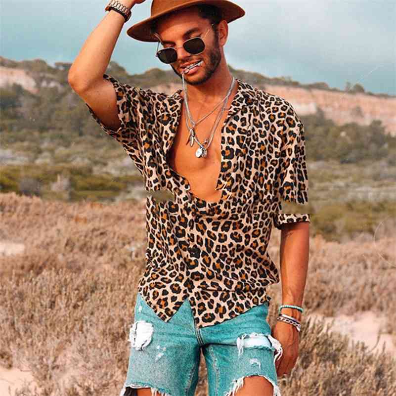 

Summer Leopard Print Men's Top Shirt 210628, Beige