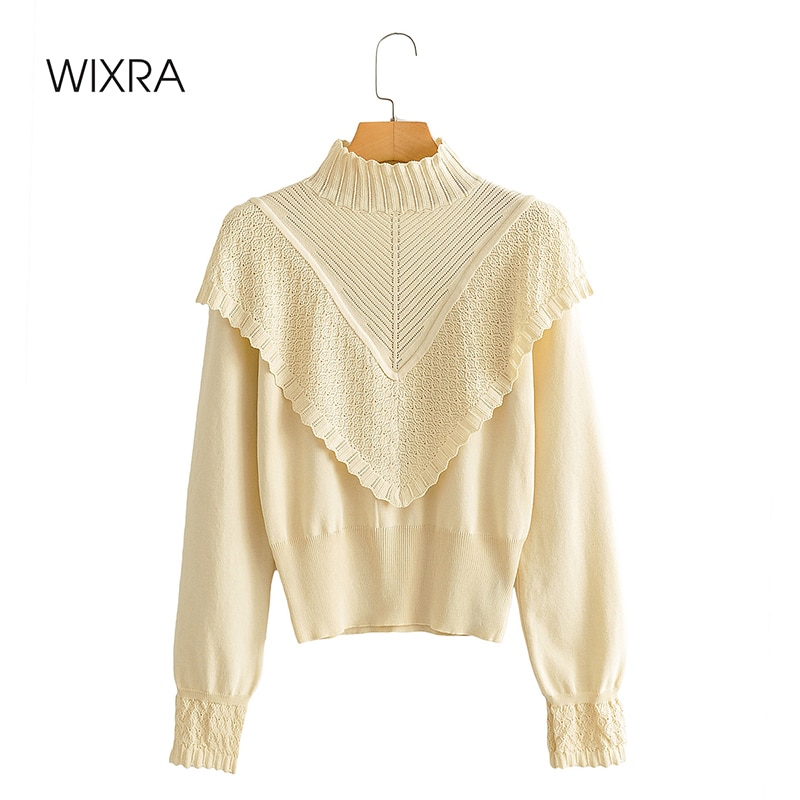 

Wixra Autumn Sweaters Women Vintage Hollow Out Thin Jumpers Elegant French Style Half Turtleneck Ladies Knitted Tops, Beige