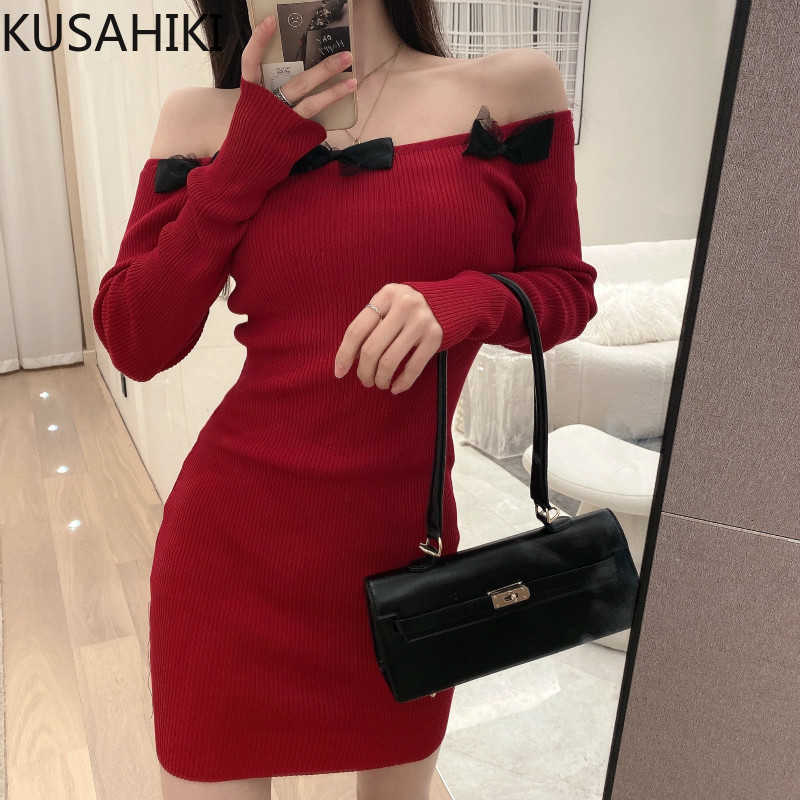 

KUSAHIKI Off Shoulder Knitted Slim Bodycorn Dress Spring Sweet Bowknot Long Sleeve Women Sweater Dress Vestidos 6E591 210602, Black