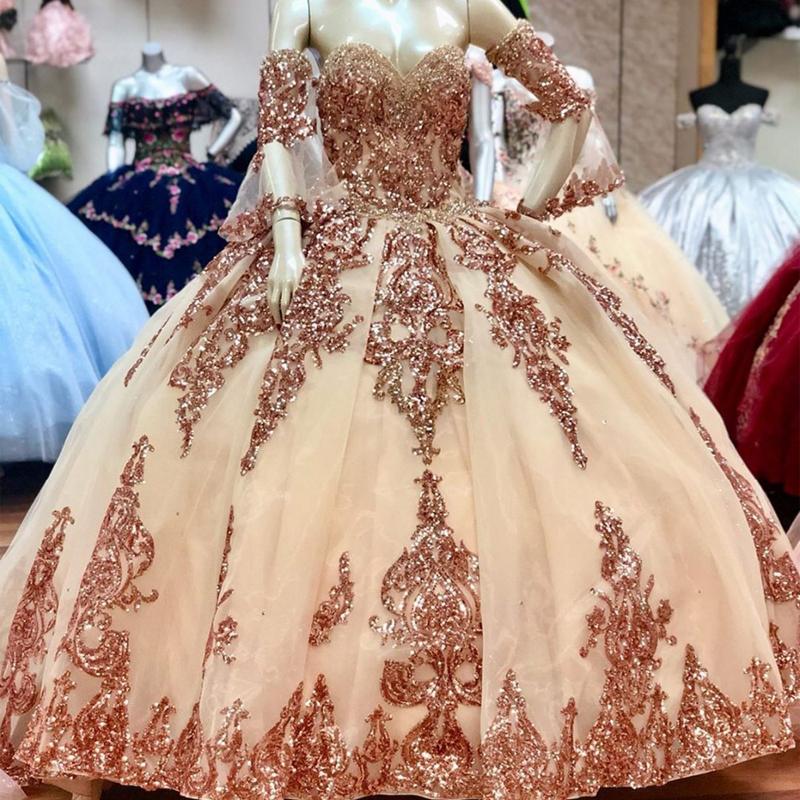 

Sparkly Rose Gold Quinceanera Dresses Detachable Sleeves Sweetheart Sequines Applique Sweet 16 Dress Party Skirts, Light sky blue