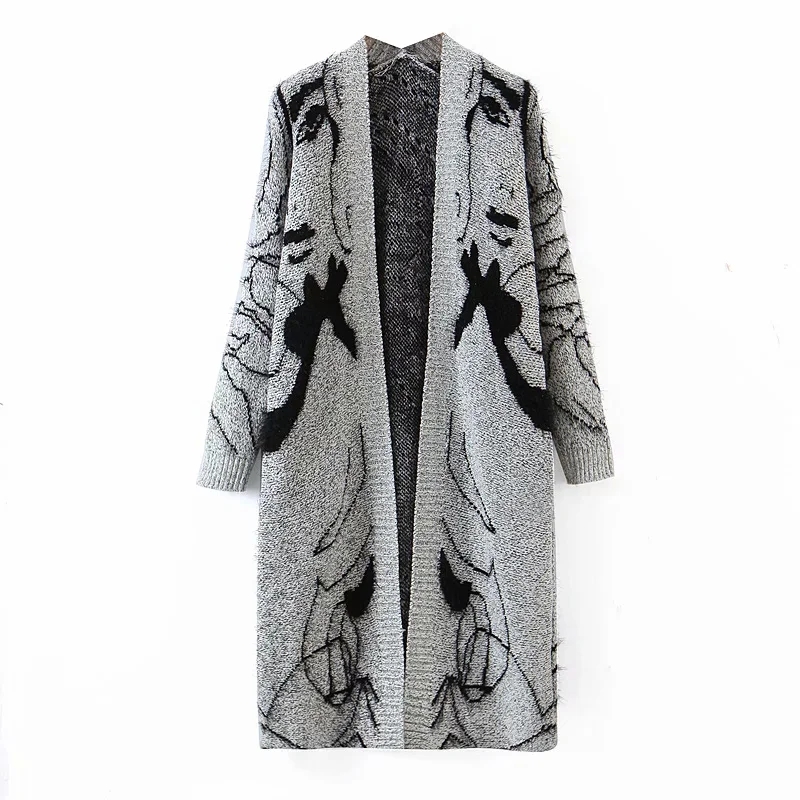 

Fashion Women Sweater Loose Abstract Beauty Pattern Lady Mid Length Knitted Cardigan 210521, Gray