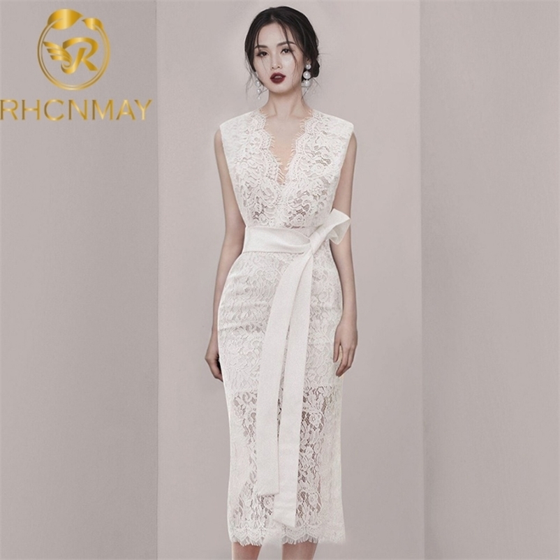 

Summer Women Party Dress Floral Lace Sashes Sleeveless Midi V Neckline Sexy Lady Fashion Slim 210520, White