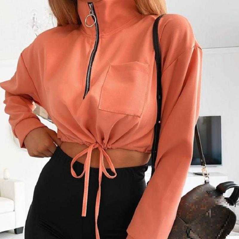 

Women Coat Stand Collar Long Sleeve Jacket Drawstring Short Ladies Jackets High Waist Tops Autumn Winter 210524, Black
