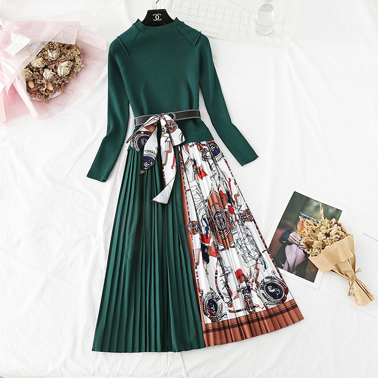 

Print Pleated Dress Women Dresses Elegant Knitted Patchwork Long Midi Skirt Autumn Winter Splicing A Long Dress Vintage Belt Sashes, Same as picture