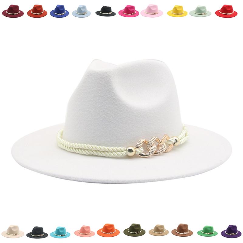 

Wide Brim Hats Fedora Women Hat Matel Rope Chain Jazz Cap Solid Panama Wedding Decorate Winter Men Sombreros De Mujer, Black