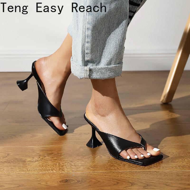 

Slippers Summer Women Sexy Thin High Heels Shoes Design Sandals Fashion Square Toe Ladies Thong Narrow Band Woman, Black