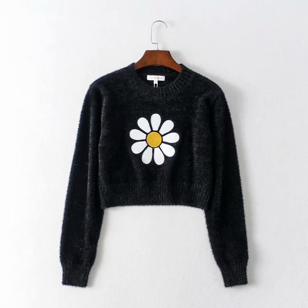 

women's sweaters mohair jumper women flower chic round neck - ladies o leonard multicoloured jacquard sweet sweater pullover n, White;black