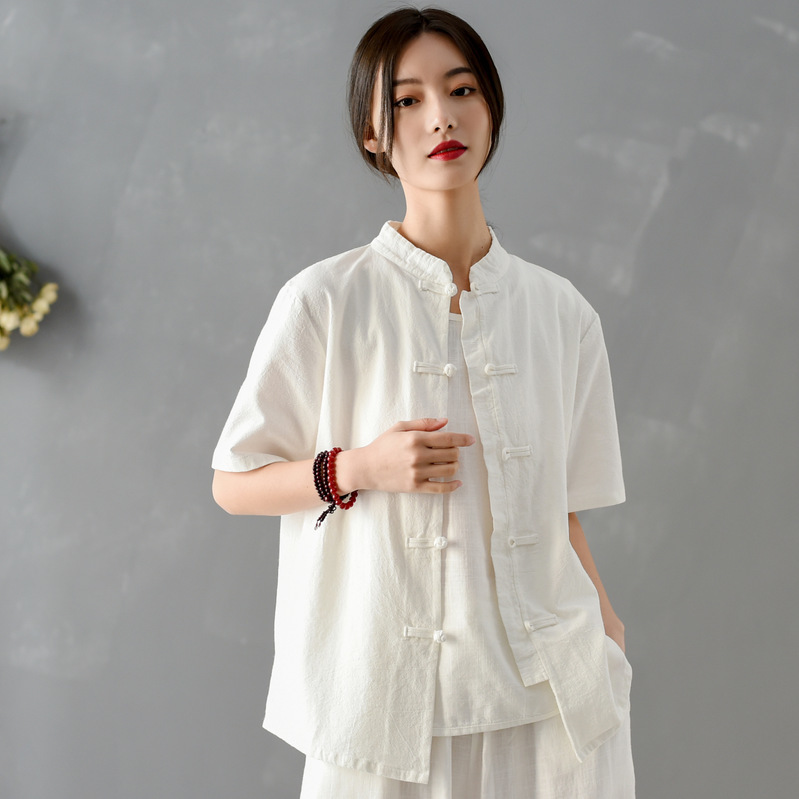

Johnature Women Chinese Style Shirts Cotton Linen Blouses Solid Color Summer Stand Short Sleeve Button Vintage Shirts 210521