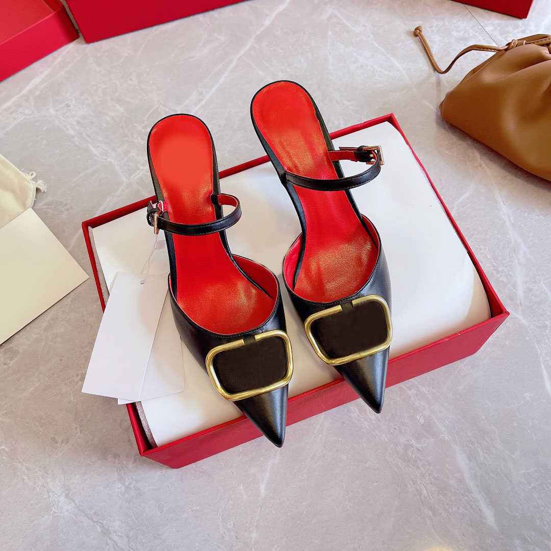 2021 Luxury brand summer leather fashion women's high heel slippers V-button pointed design sandals fine packaging size 35-41