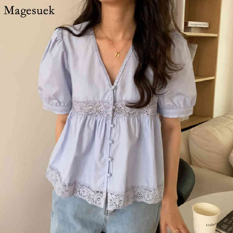 

Chic Sweet V Neck Lace Puff Short Sleeve Shirt Female Korean Hollow Elegant White Blouse Women Tops Loose Blusas Fashion 14544 210518, Blue