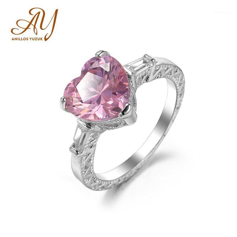 

Cluster Rings Anillos Yuzuk 925 Sterling Silver Heart Pink CZ Simple Finger For Women Engagement Wedding Statement Jewelry, Golden;silver