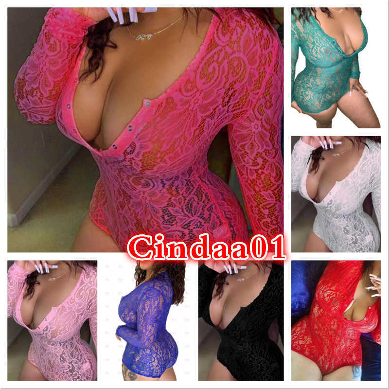 

Women Jumpsuits Designer Sexy Onesies Lace V Neck Lace Bodysuit Fit Romper One Piece Pants Button Long Sleeve Clothing, Mei hong