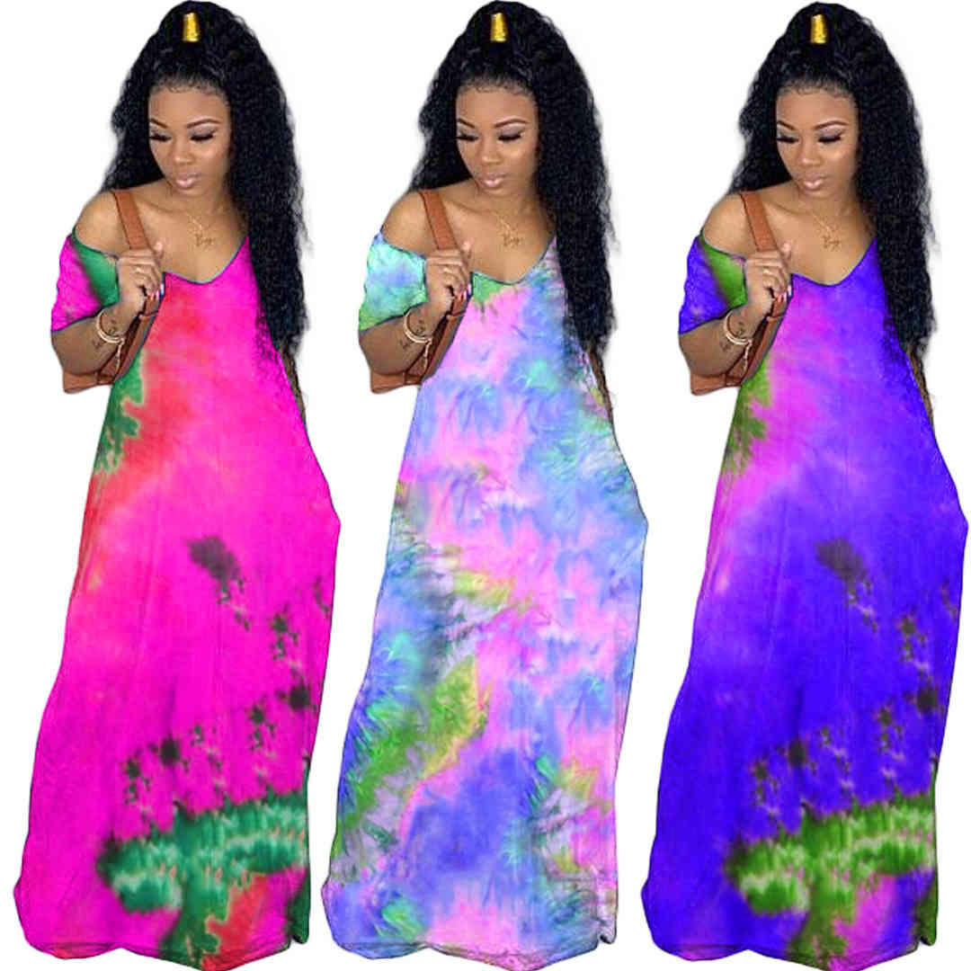 

Women Tie Dye Print Off Shoulder Slim Maxi V-neck Dress Sexy Party Club Floor Length Beach Long Dresses, Black;gray