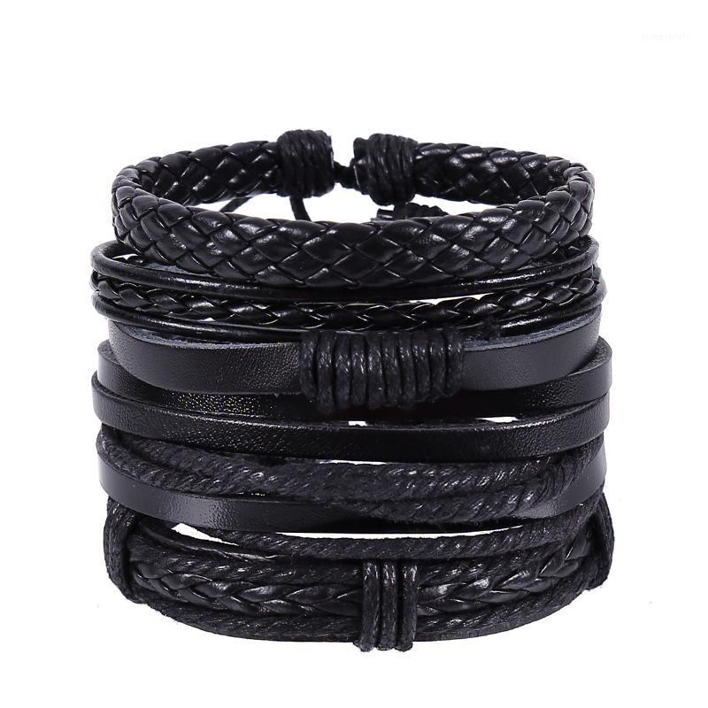 

Charm Bracelets 4pcs/set Hippie Punk Classic Black Leather Cord Knots Pattern Wide Wrap Braiding Macrame Bangles For Man Hand Jewelry1
