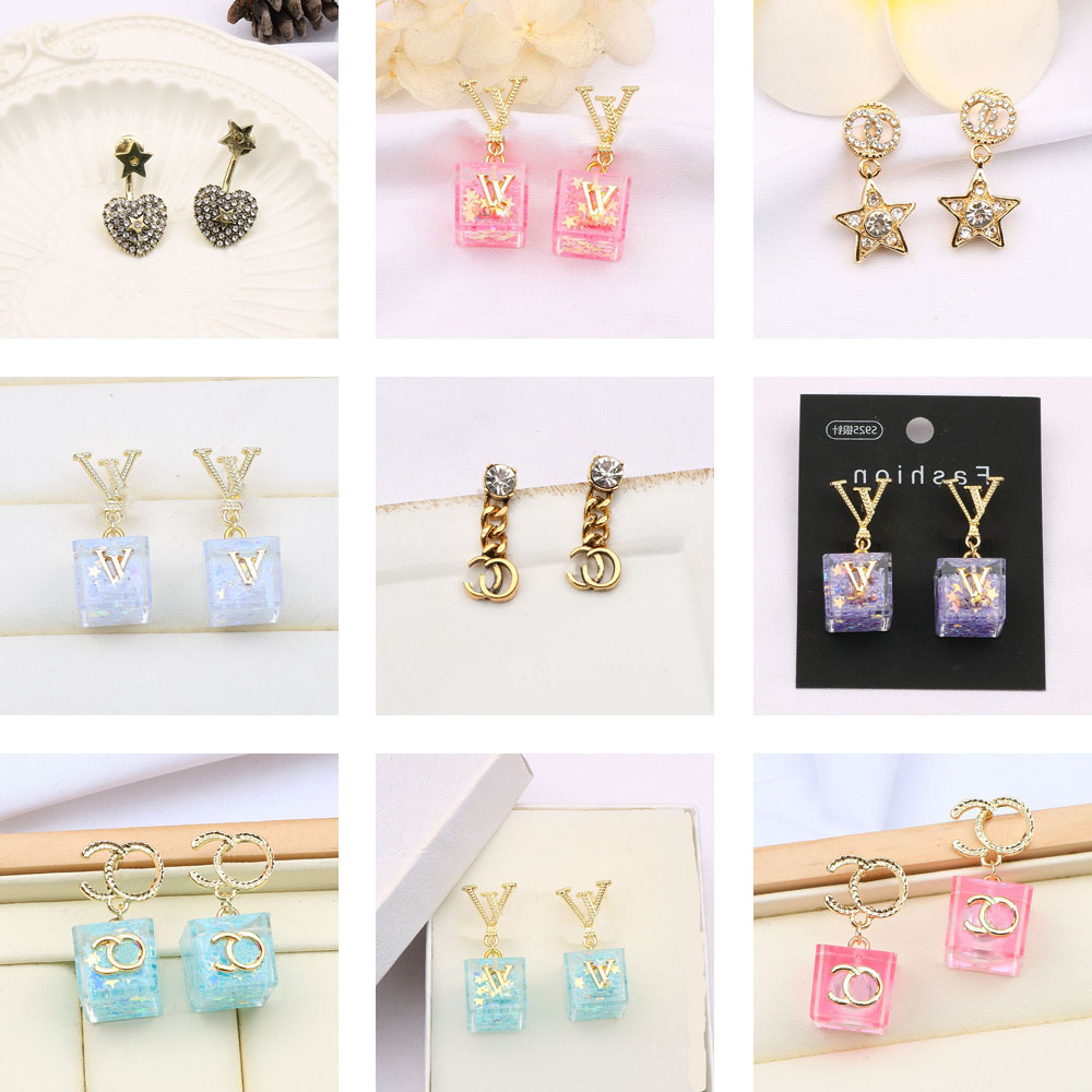 

25style 18K Gold Plated Copper Jewelry Luxury Brand Designer Double Letters Star Stud Dangle Transparent Crystal Rhinestone Pearl Earring Fashion Accessories, Style--2