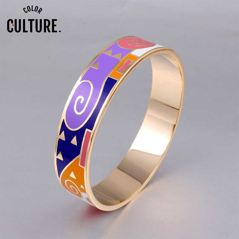 

New Design Ethnic Colorful Enamel Gold Color Bangles Art Wide Bangles for Women Q0720