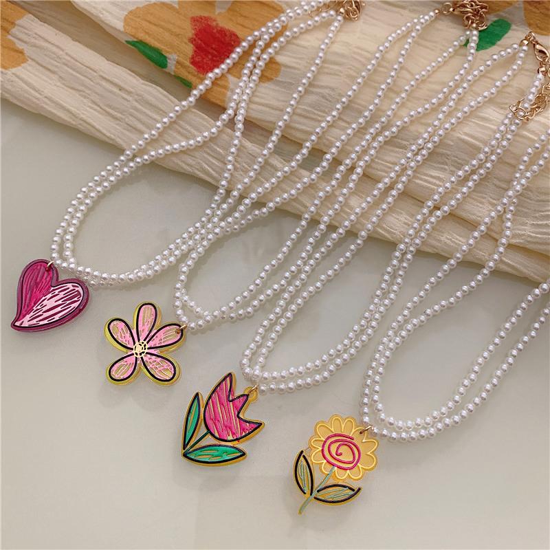 

Pendant Necklaces 2021 INS Double Layer Pearl Acrylic Flowers Necklace Tulip Sunflower Love Heart For Women Summer Jewelry
