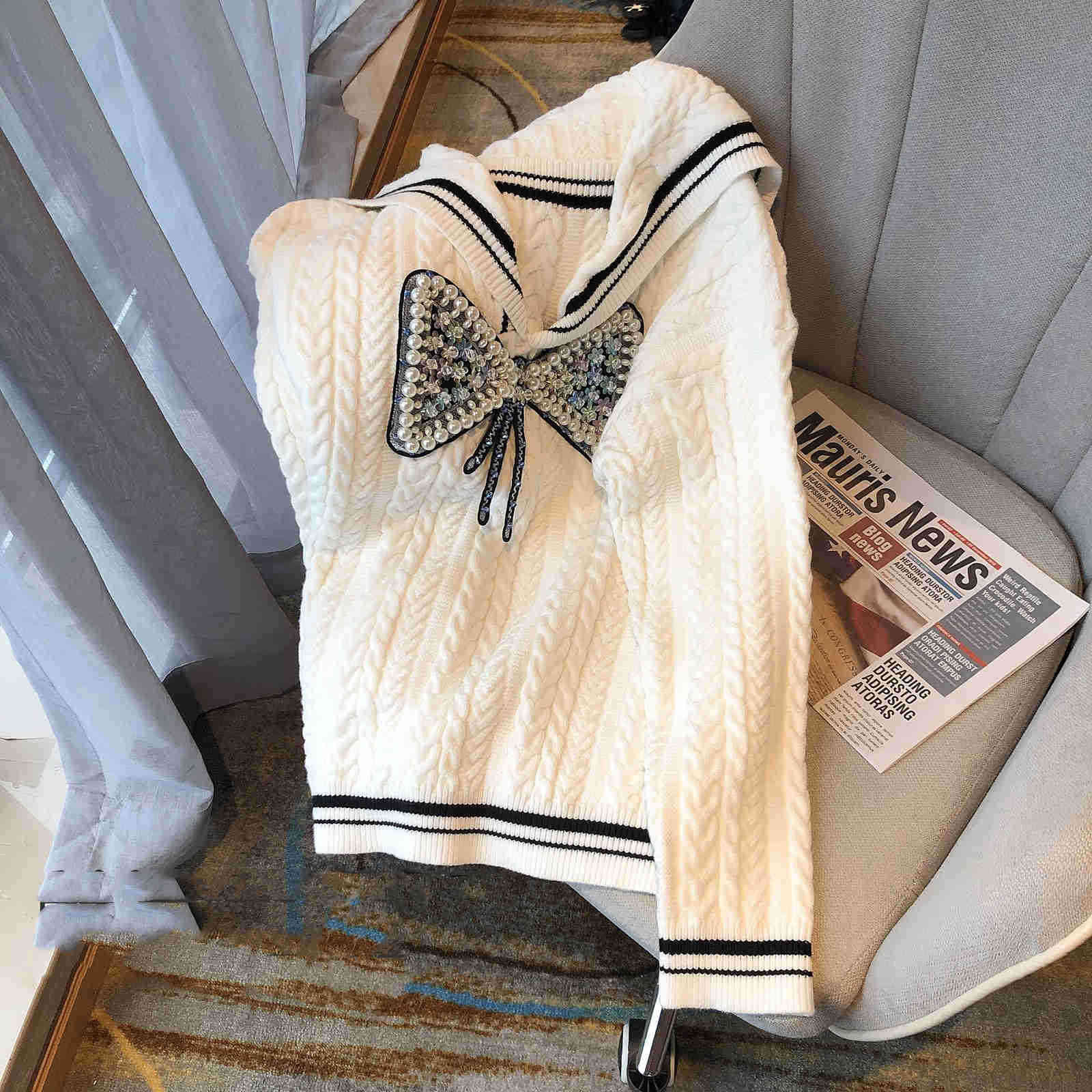 

High Quality Women Fashion Autumn Winter College Heavy Industry Sweet Cute Beaded Diamond Bow Navy Collar Sweater Y1110, White
