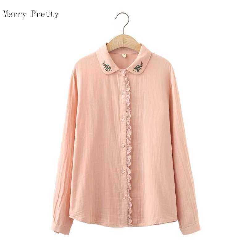 

Floral Embroidery Single Breasted Casual Shirts Women Summer Vintage Cotton Blouses Full Sleeve Ladeis Basic Blusas Top 210526, Pink