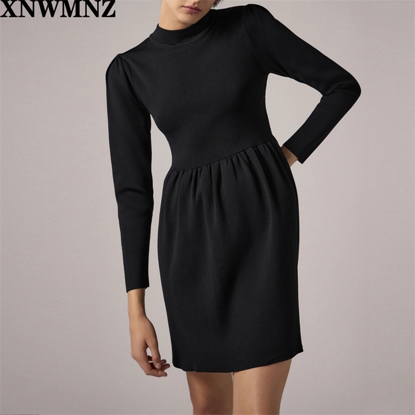 

Women Fashion Knit mini dress Vintage Elegant High neck long sleeve flared hem Female Chic Pullovers 210520, Black