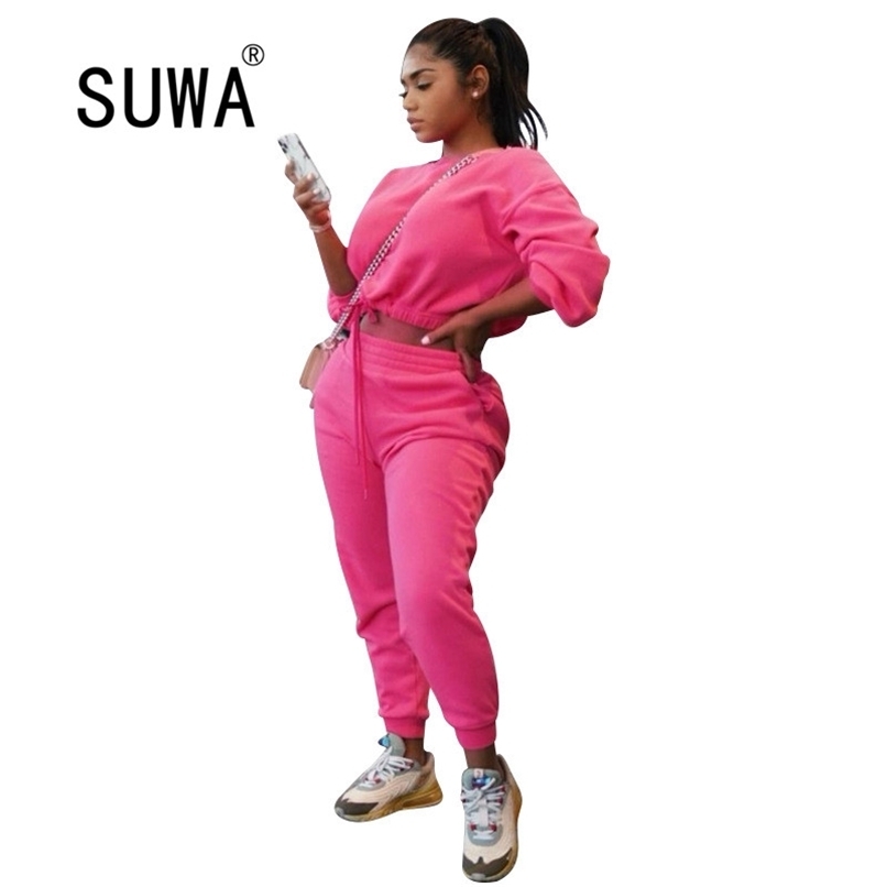 

Pink Streetwear Workout Clothes For Women Sets Long Sleeve Pullover Sweatshirt Vintage Baggy Pants Track Suit Two Piece Outfits 210525, Fuchsia