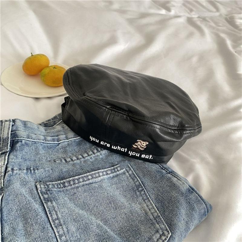 

Berets Warm Literary Autumn PU Leather British Style Winter Girl All-match Korean Hat Navy Women Painter, Black