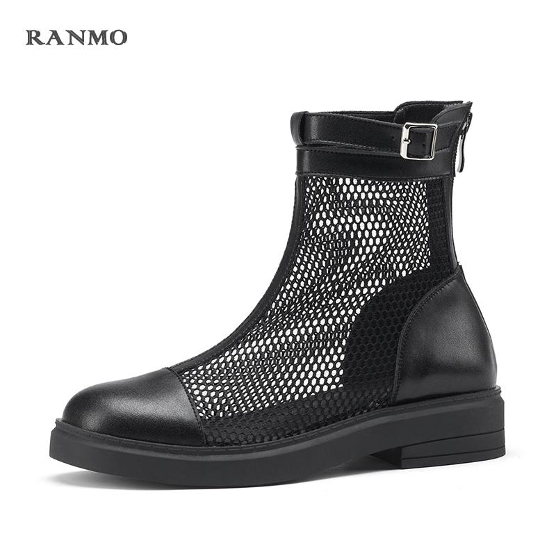 

Boots Platform Cool Genuine Leather Mesh Zipper Female 2021 Spring Summer Round Toe Square High Heel Women Shoes Size 34-43, Black