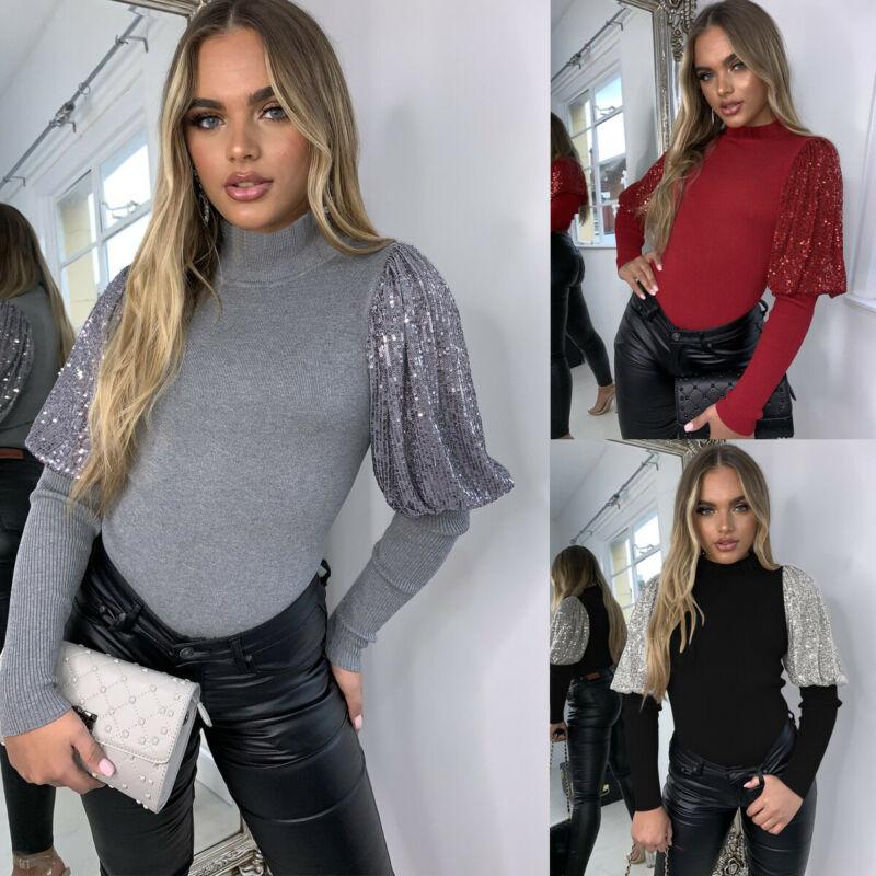 

Women' T-Shirt Women Ladies Knitted Sequins Long Puff Sleeve High Collar Tops Pullover Sweater Loose Jumper Ribbed Slim Fit Casual T Shirt, Red