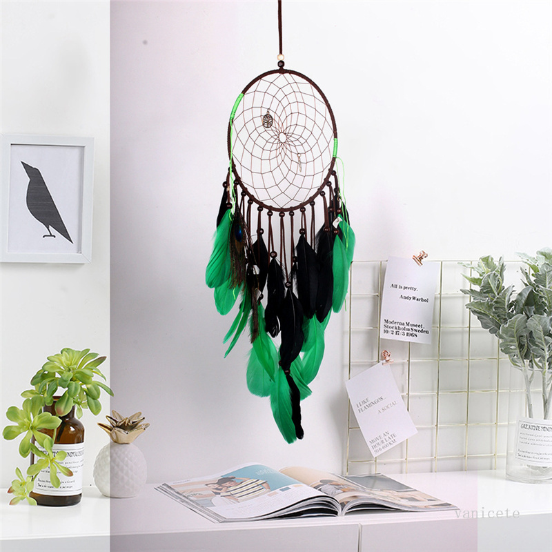 

Green Home walls Decor Dream Catcher wind chimes Indian Style Feather Pendant Handmade peacock Wall hanging T9I001295