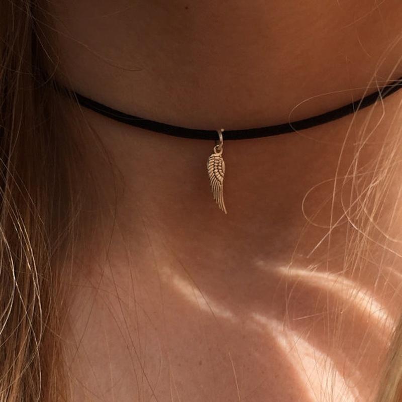 

Fashion Boho Choker Simple Angel Wing Necklace On Black Cord Chokers, Golden;silver