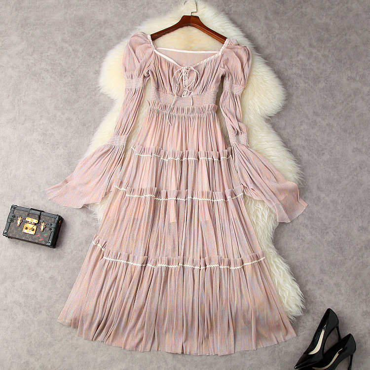 

European and American women' wear for summer 2021 Long sleeve V-neck gauze bright silk Fashion pleated dress, Pink