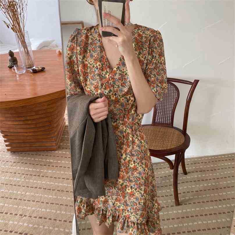 

Casual Femme A-Line Printed Florals Summer Chic Sweet Short Sleeves All Match Sexy Dresses Vestidos 210525, Yellow