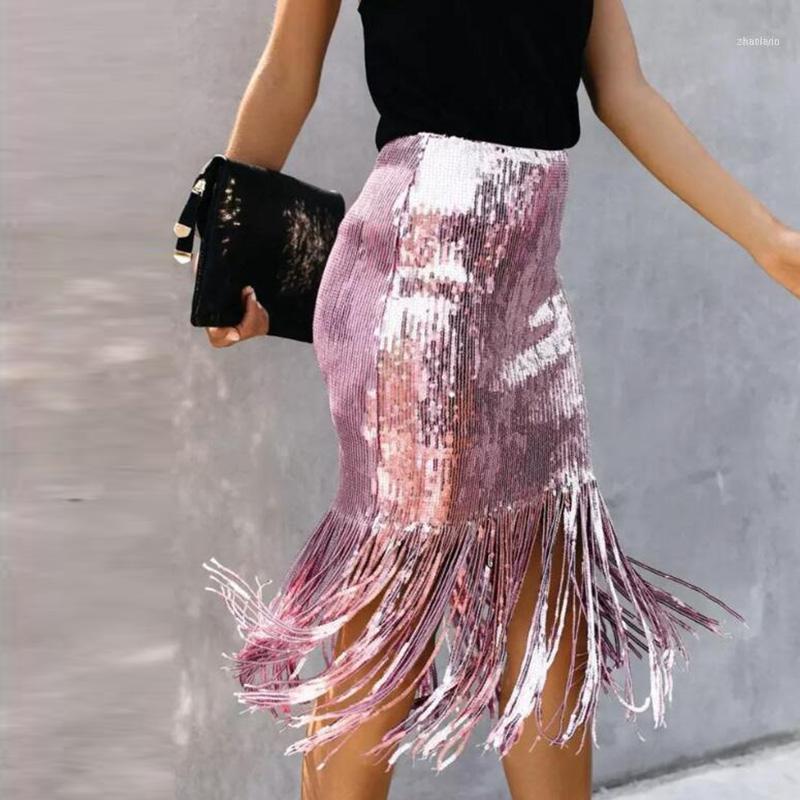

Fashion Sparkly Tassel Sequin Skirt For Women Zipper Waistline Pencil Skirts Knee Length Party Custom Made1, Ivory