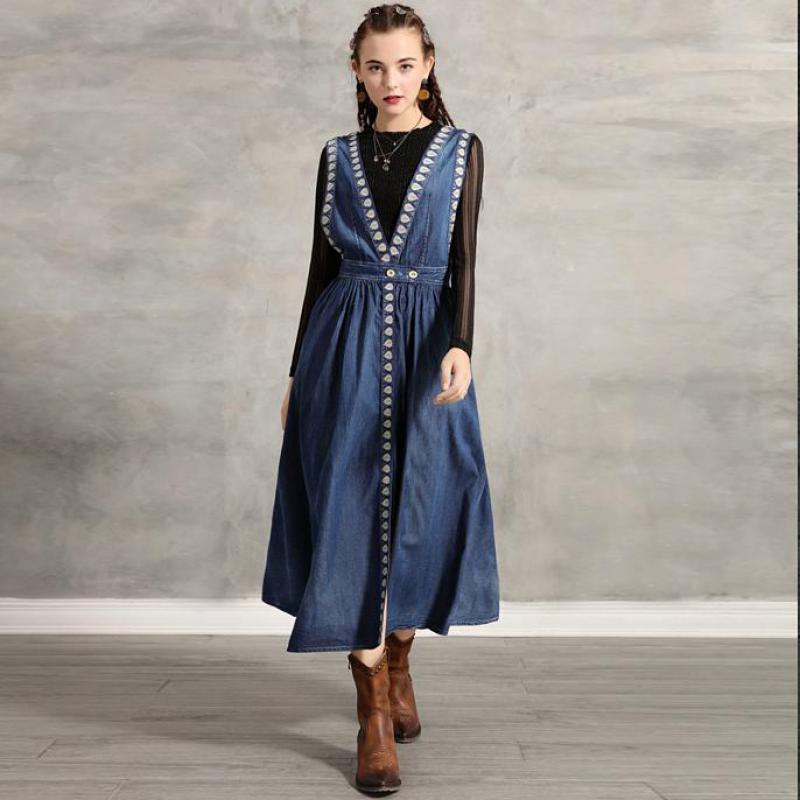 

Johnature Vintage Women Clothes Autumn Denim Dress Two-piece Set Embroidery Loose Turtleneck Leisure Women Dresses 210521, Blue