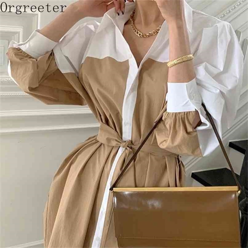 

Temperament Contrast Color Shirt Dress Women Summer Lapel Single Breasted Lace Up Lantern Sleeve Mid-calf Dresses 210602, Black