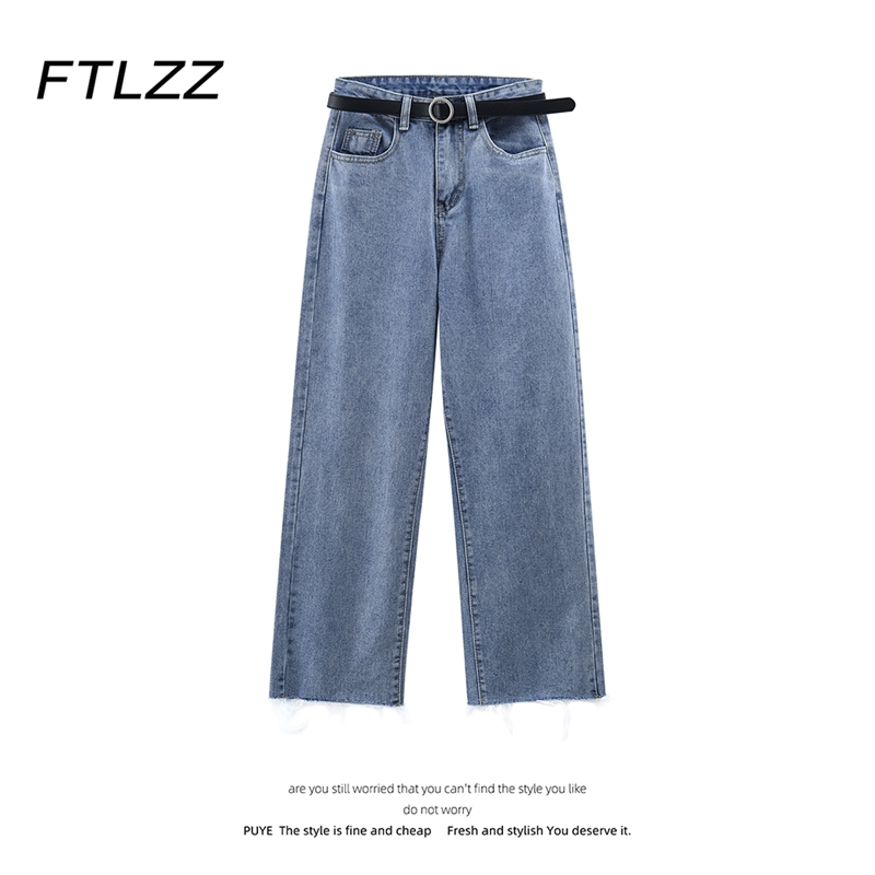 

Spring Summer Wide-leg Pants Jean Streetwear High-waist Button Fly Blue Woman Casual Baggy Ankle-length Denim 210602