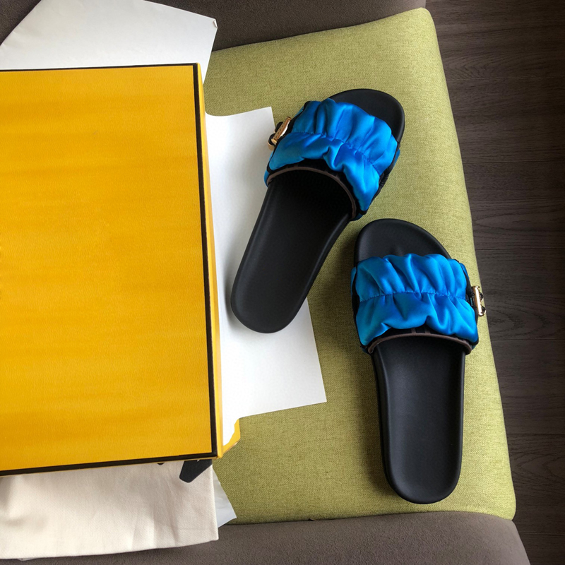 

2021 womens fashion Flat Satin slide slide sandals with Web bow Genuine leather Luxury Brand summer outdoor beach flat flip flops adults slippers size 35-41 with box, Blue