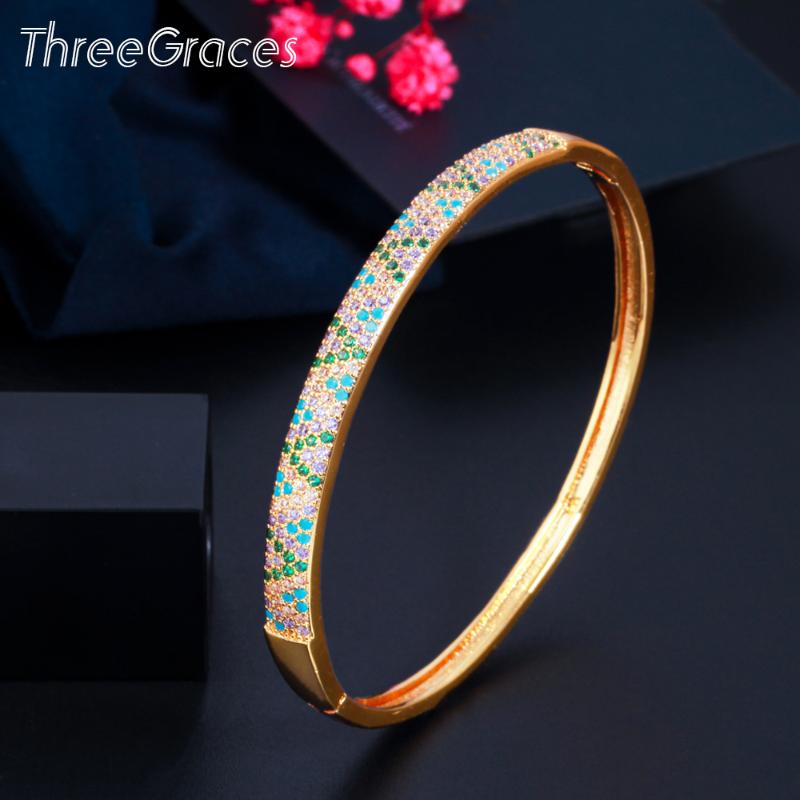 

Bangle ThreeGraces 2021 Shining Multicolor Cubic Zirconia Yellow Gold Big Round Open Clasp Fashion Women Party Jewelry BA047, Black
