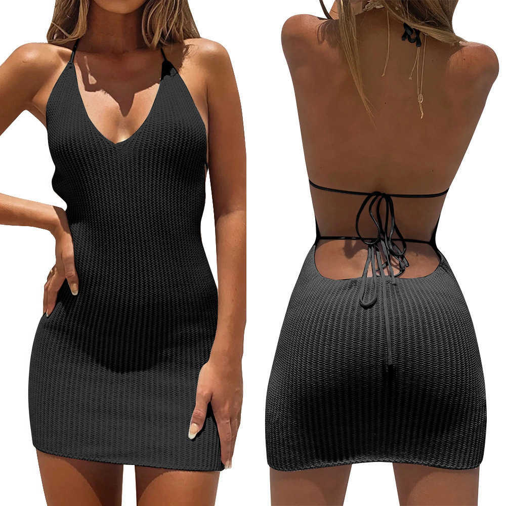 

Sexy Backless Summer Mini Dress Women Solid Halter V Neck Sleeveless Bandage Hollow Out Slim Wrap Hips Party Pencil Dresses 210526, Black