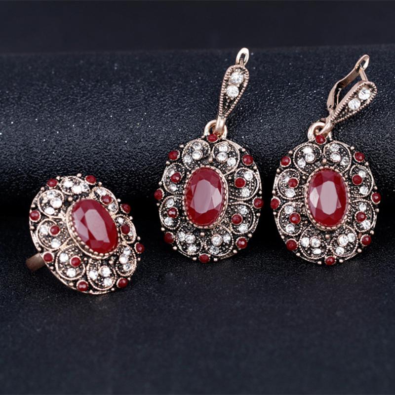 

Earrings & Necklace 3pcs Of Earring Ring Red Glass Gem Alloy Necklaces Set For Women Girls Party Jewelry Collier Femme Drop, Silver