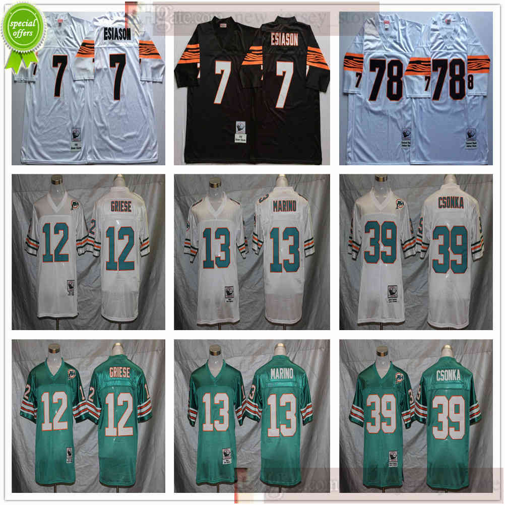 

NCAA Football Retro Vintage 39 Larry Csonka Jersey 13 Dan Marino 12 Bob Griese 7 Boomer Esiason 78 Anthony Munoz Jerseys Green White Cheap, As picture