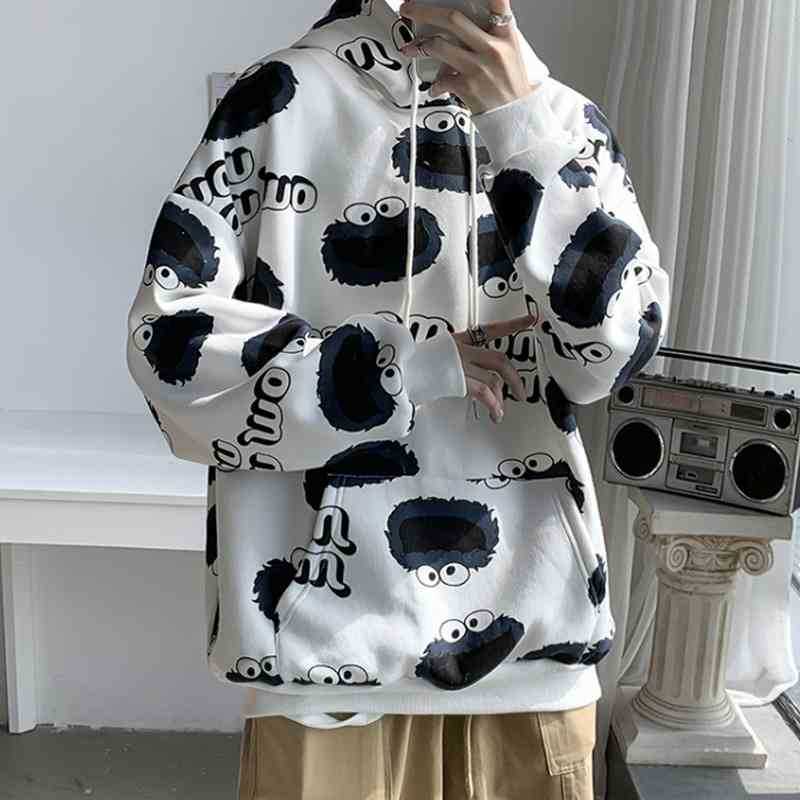 

Men's Hooded Sweater hip hop loose autumn 2020 Large Print fat long sleeve, White