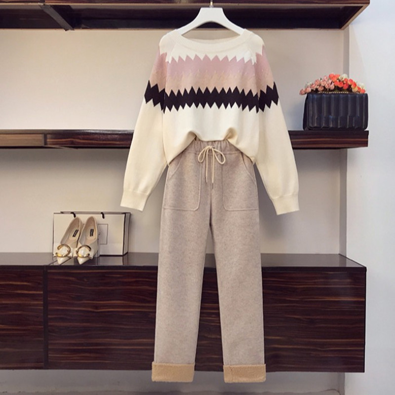 

Winter Wavy striped jacquard Loose Sweater and Lamb wool Patchwork Woolen Pants 2 Piece Set Women Fall Spring 210525, Beige